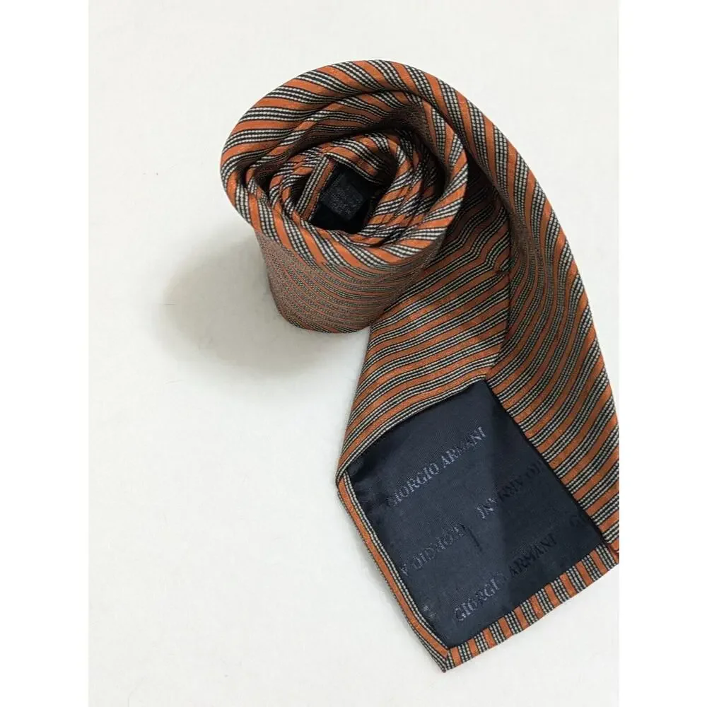 Vintage GIORGIO ARMANI 100% Silk Orange‎ Black Striped Men's Necktie Tie Italy